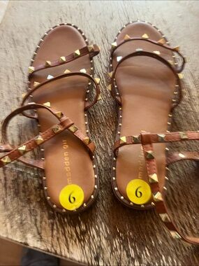 Madden Girl Brown Pyramid Stud Strappy Flat Sandals